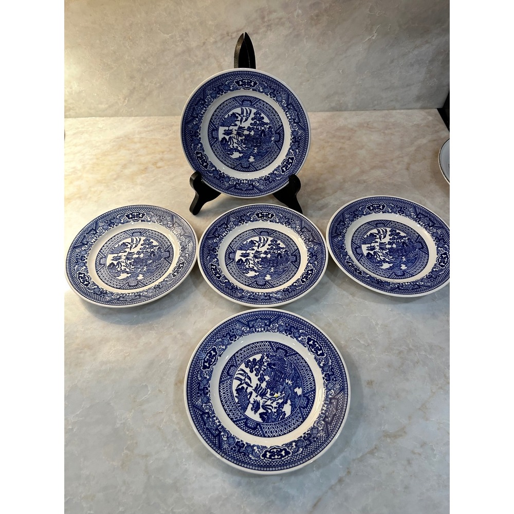Vintage Blue Willow Salad Dessert Plates Set of 5 Blue White Chinoiserie 6.25in